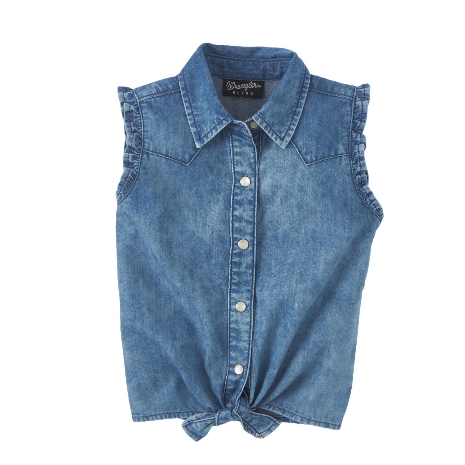 Wrangler Girl's Western Ruffled Tie Denim Tank Top Shirt 112346582 - Picture 2 of 7