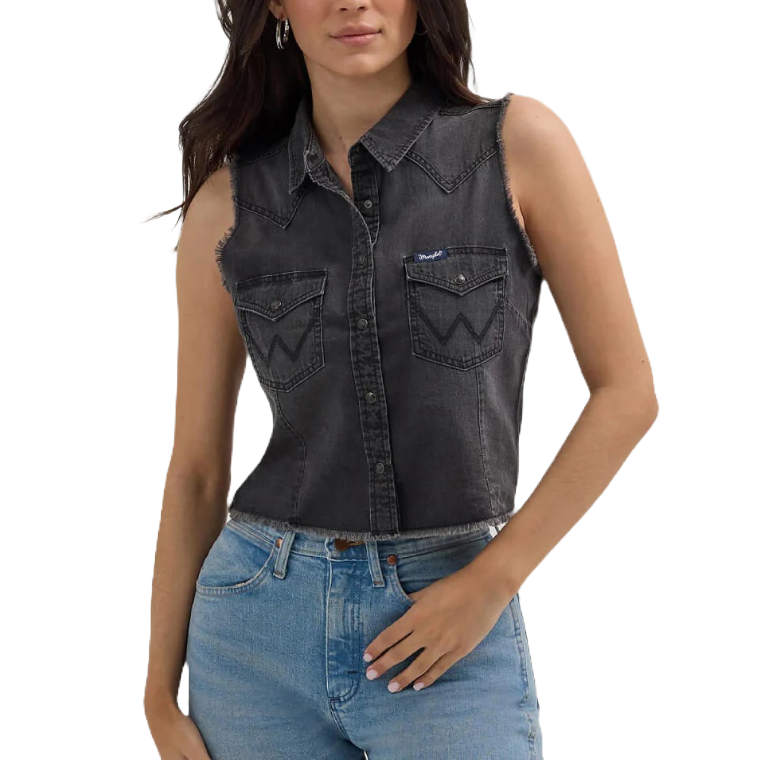 Wranglers Ladies Retro Black Fray Denim Cropped Western Blouse 112362281 - Picture 3 of 10