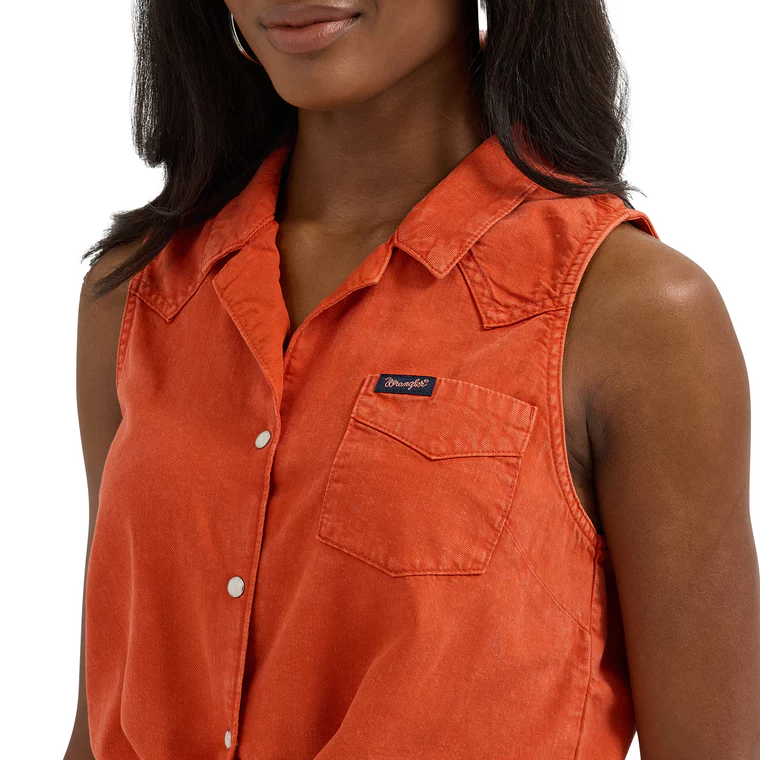 Wrangler Ladies Retro Orange Tie Front Button Down Camp Tank 112364384 - Picture 8 of 20