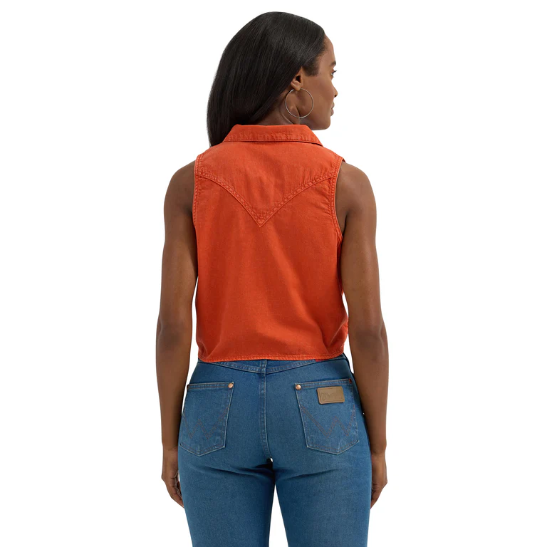 Wrangler Ladies Retro Orange Tie Front Button Down Camp Tank 112364384 - Picture 6 of 20
