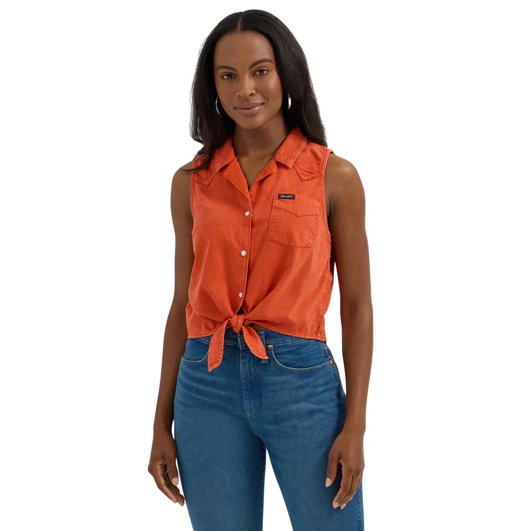 Wrangler Ladies Retro Orange Tie Front Button Down Camp Tank 112364384 - Picture 5 of 20