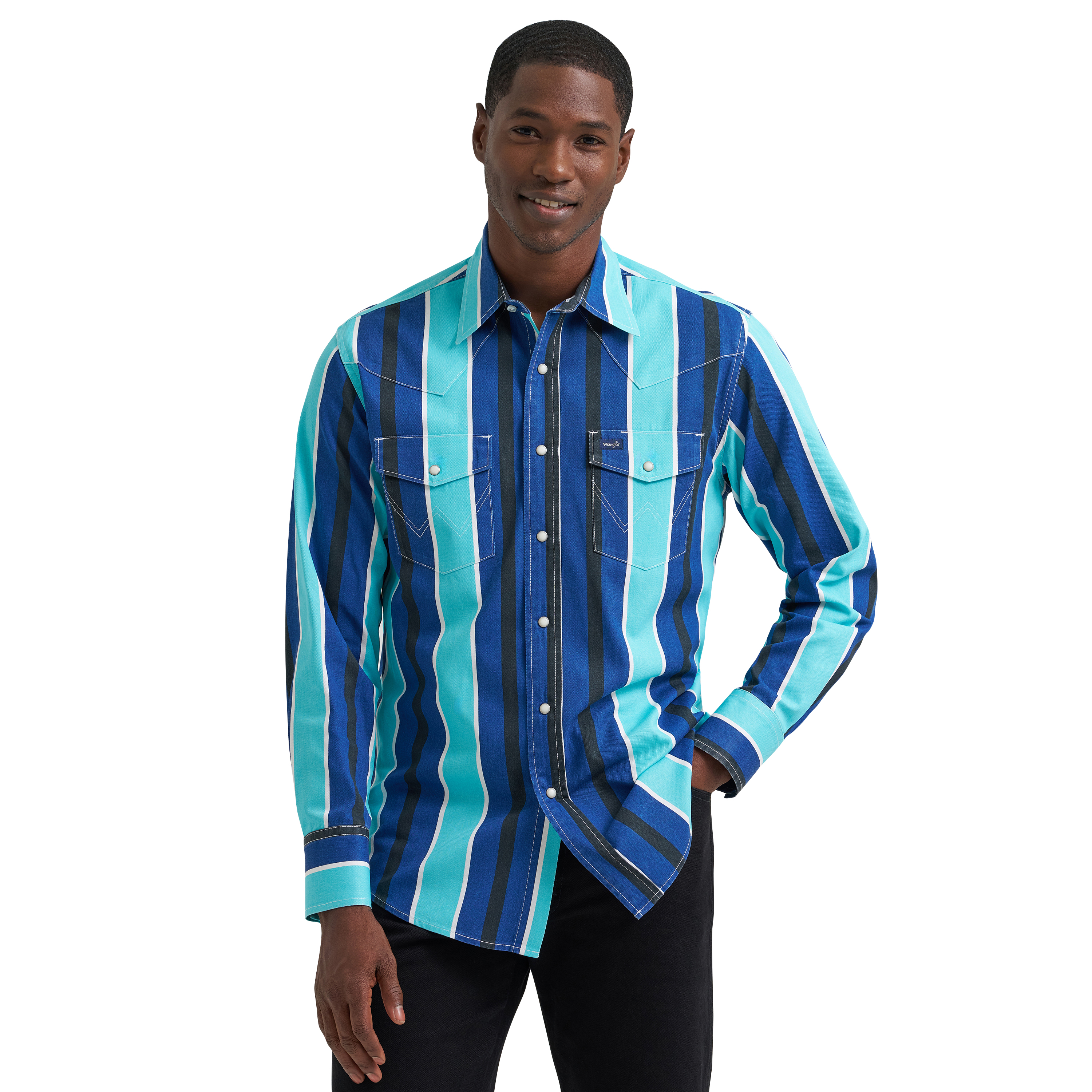 Wrangler Men&rsquo;s Vintage Inspired Blue Multi Stripe Snap Shirt 112379229