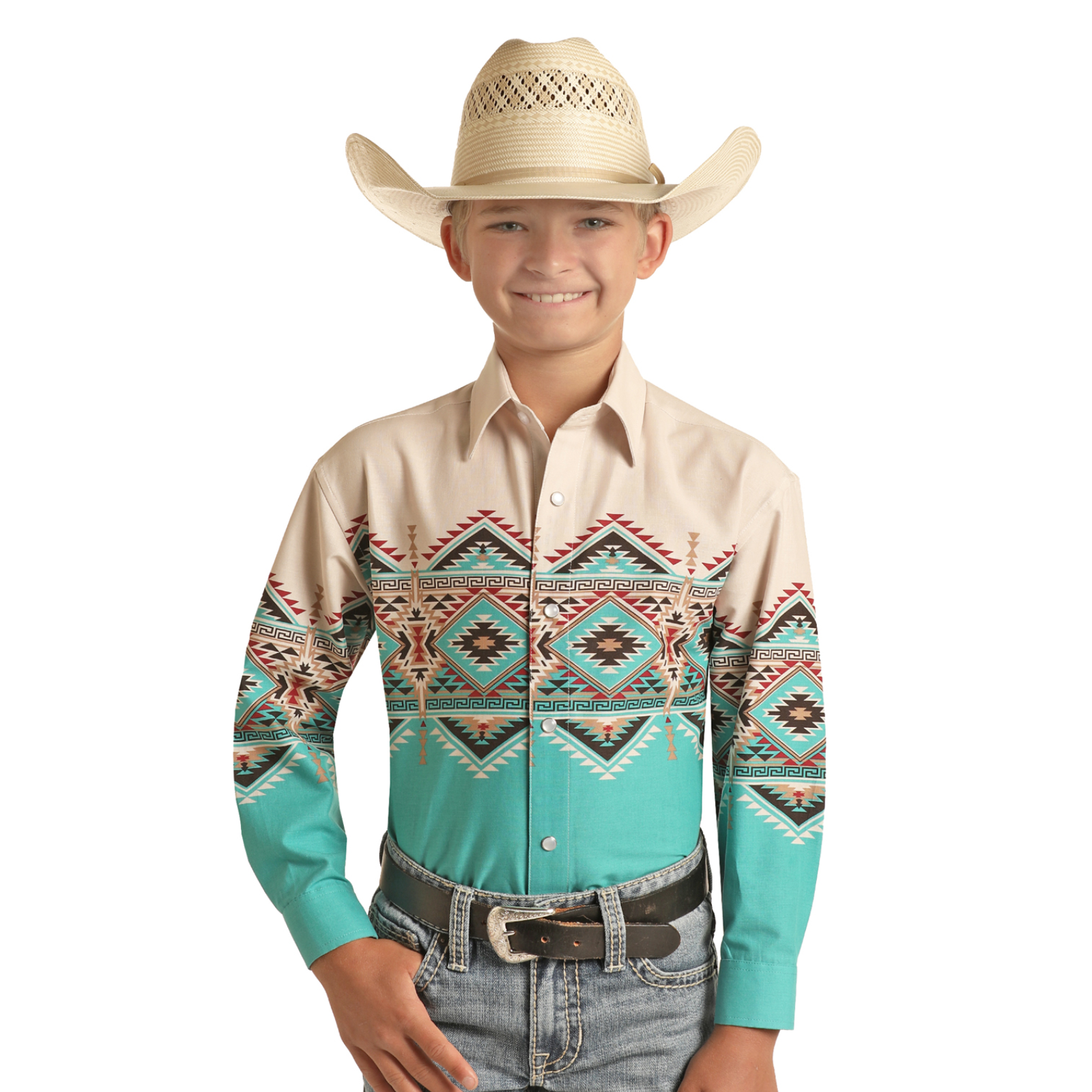Panhandle® Boy's Western Peacock Aztec Long Sleeve Snap Shirt PHBSOSR0MX - Picture 2 of 6
