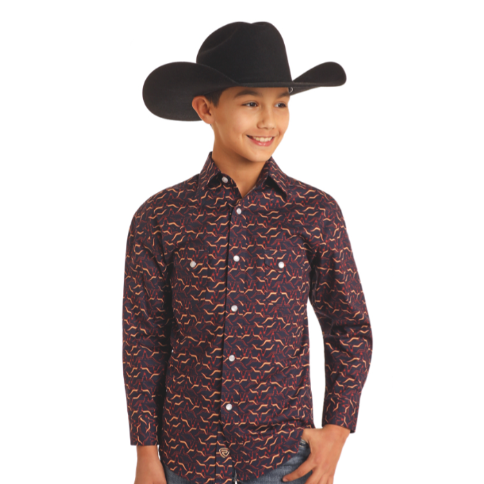 Rock & Roll Boy's Longhorn Printed Burgundy Snap Shirt BBN2S05458 - Picture 2 of 6