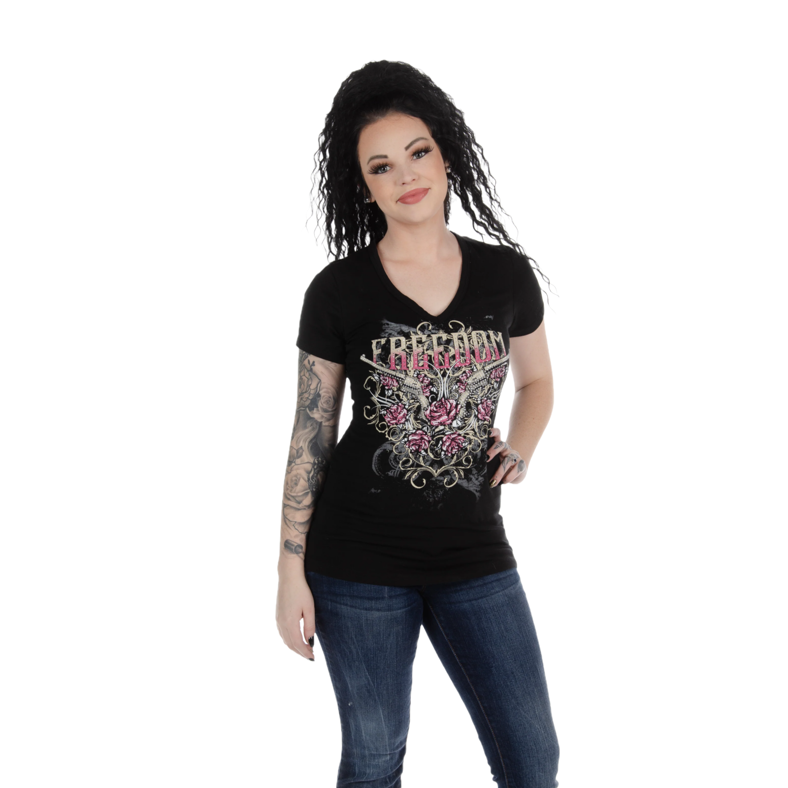 Liberty Wear Ladies Ruger Rhinestone Freedom Guns Black T-Shirt 7167 - Picture 3 of 10