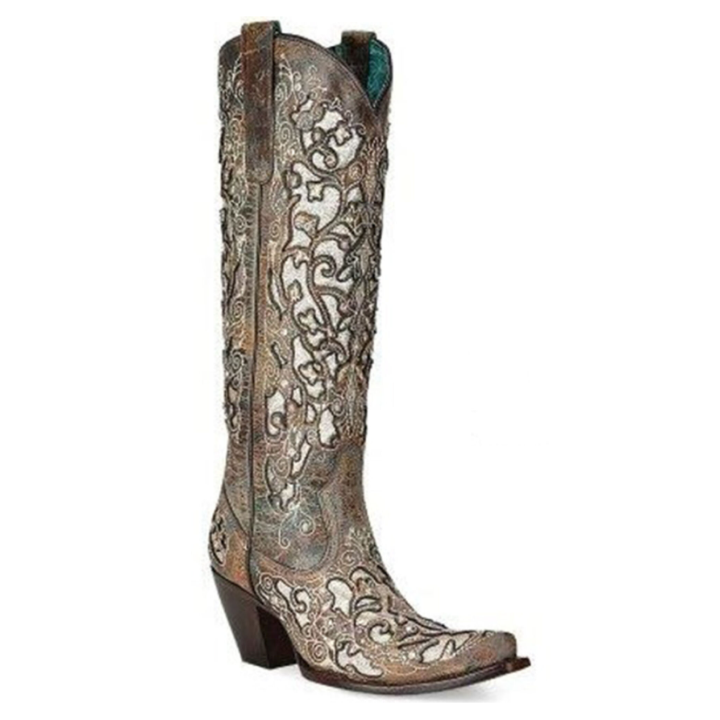 Pre-owned Corral ® Ladies Distressed Glitter Inlay Brown Western Boots A4346