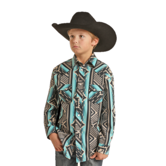 Rock & Roll Denim Youth Boy's Aztec Print Turquoise Snap Shirt BBN2S02150 - Picture 2 of 6