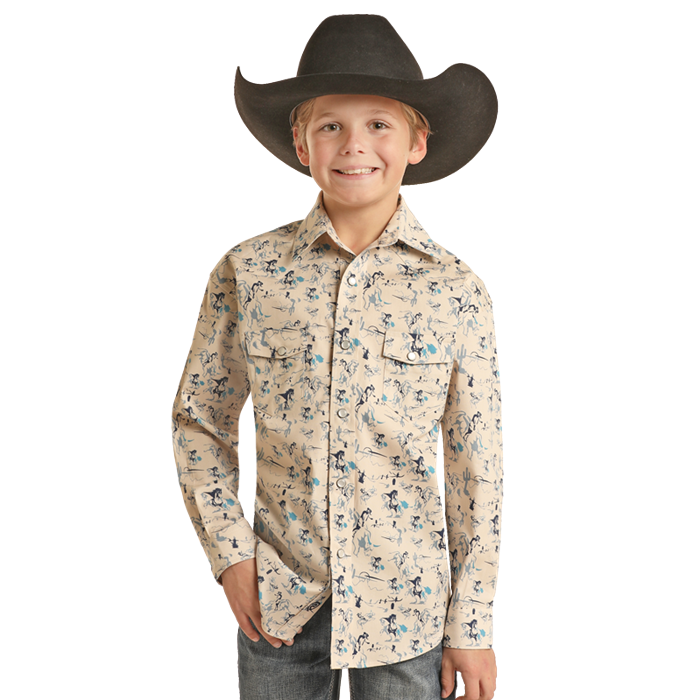 Rock & Roll Denim Youth Boy's Running Horse Print Beige Snap Shirt BBN2S02156 - Picture 2 of 6