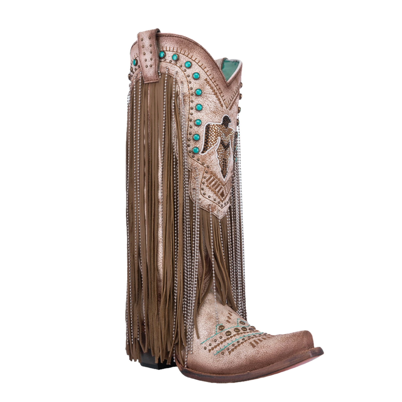 Pre-owned Corral Boots Corral Ladies Crystalized & Lamb Fringed Beige Western Boots C4088