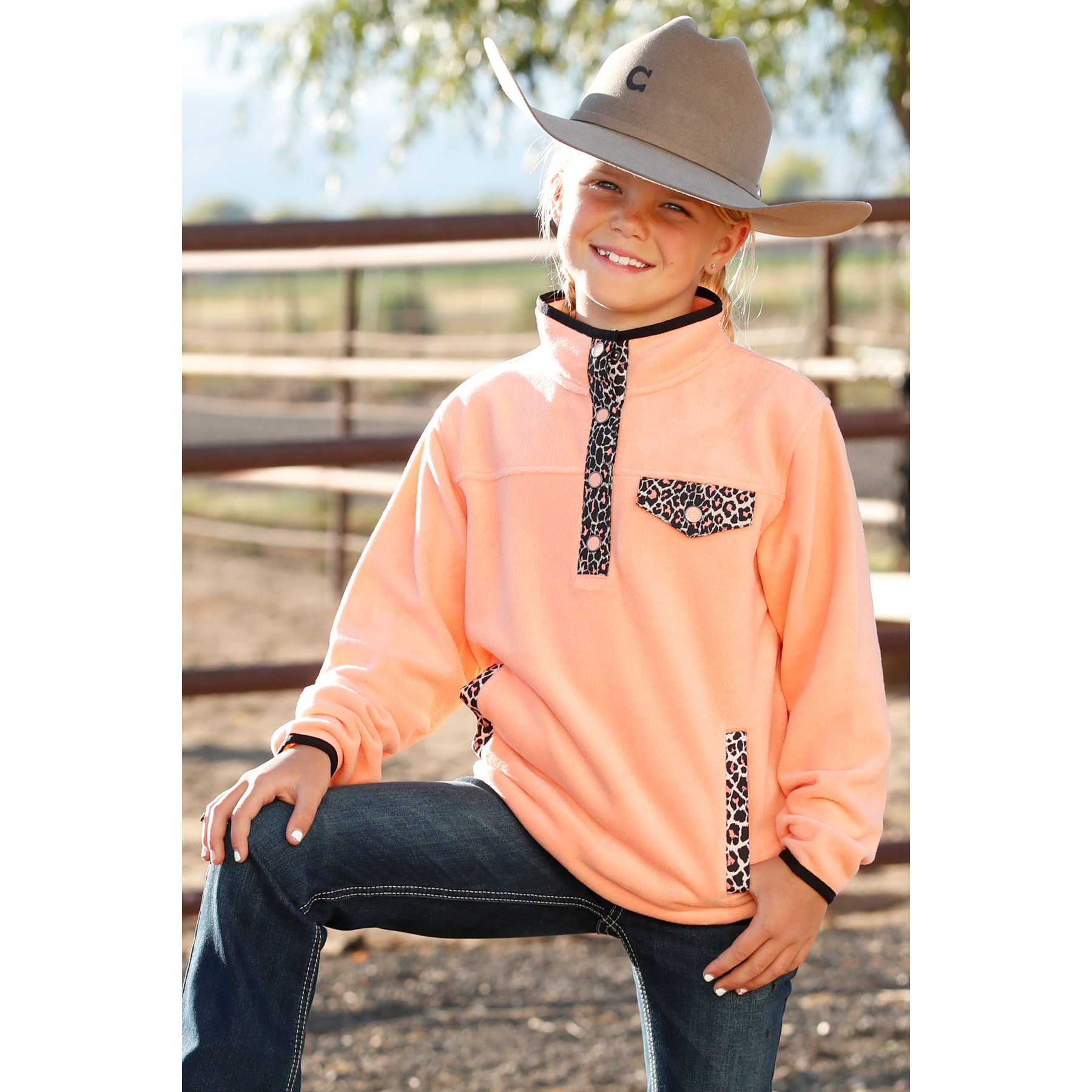 Cinch Youth Girl's Peach & Leopard Print Fleece Pullover CWK8720002 - Picture 2 of 7