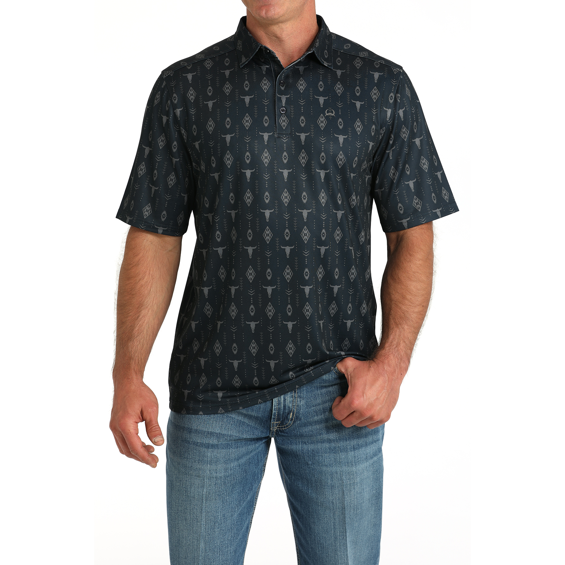 Cinch Men's Arenaflex Skull Print Navy Polo Shirt MTK1865033 - Picture 3 of 12