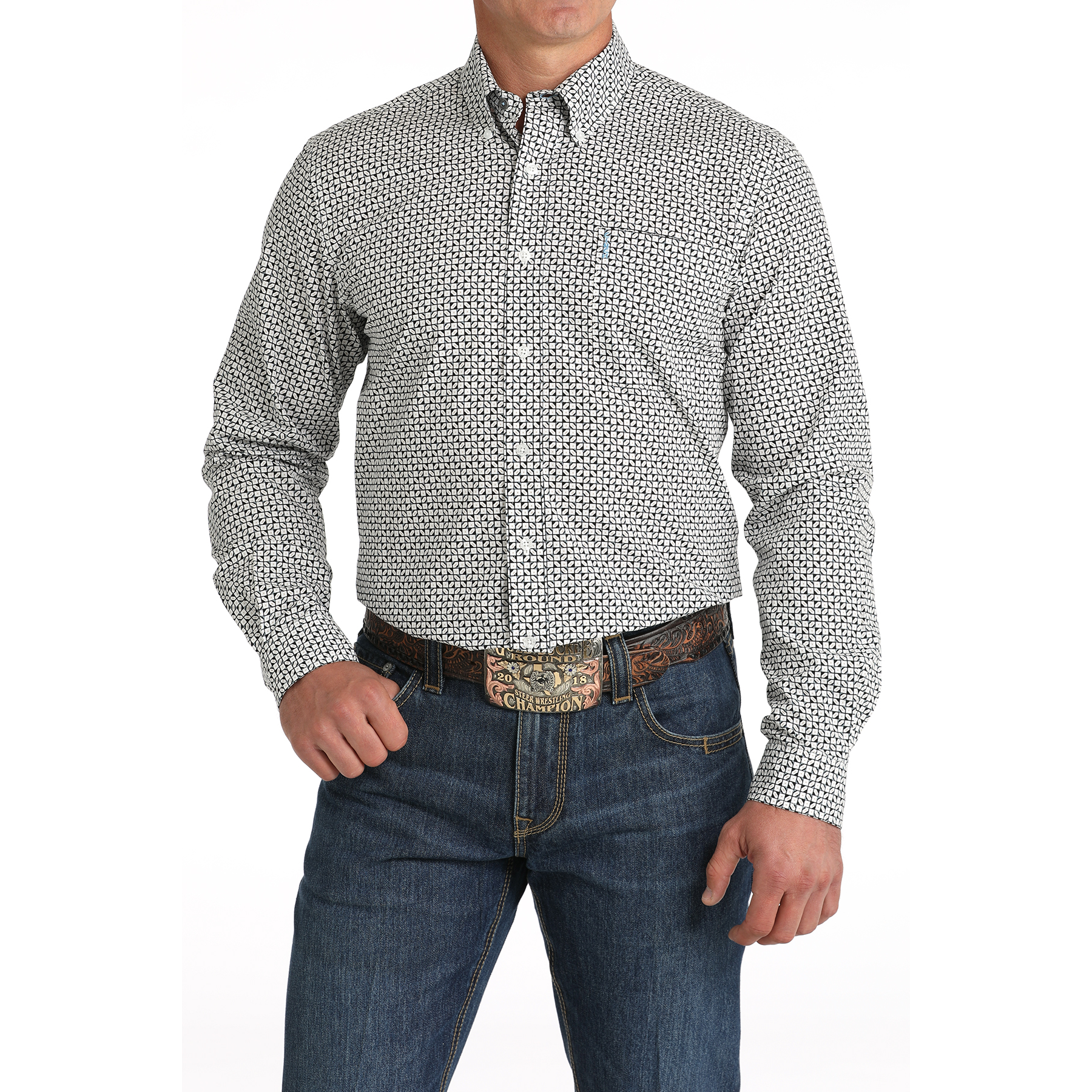 Cinch Men's White & Black Tile Print Button Down Shirt