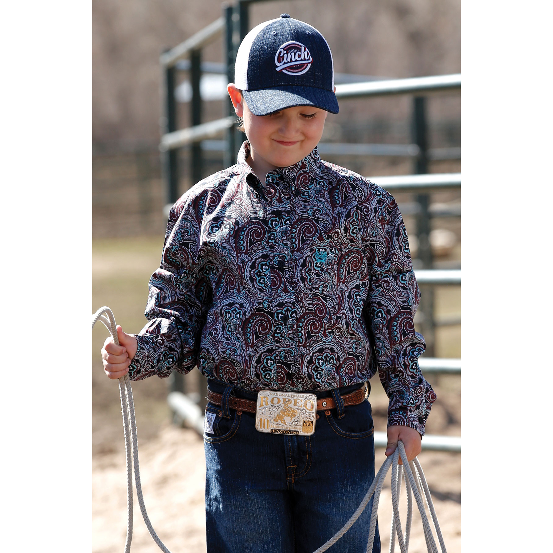 Cinch® Youth Boy's Paisley Print Navy Button Down Shirt MTW7060276 - Picture 2 of 7