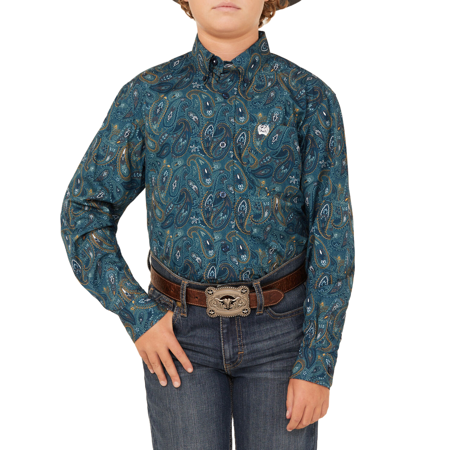 Cinch Boy's Blue Paisley Print Button Down Western Shirt MTW7060370 - Picture 3 of 14