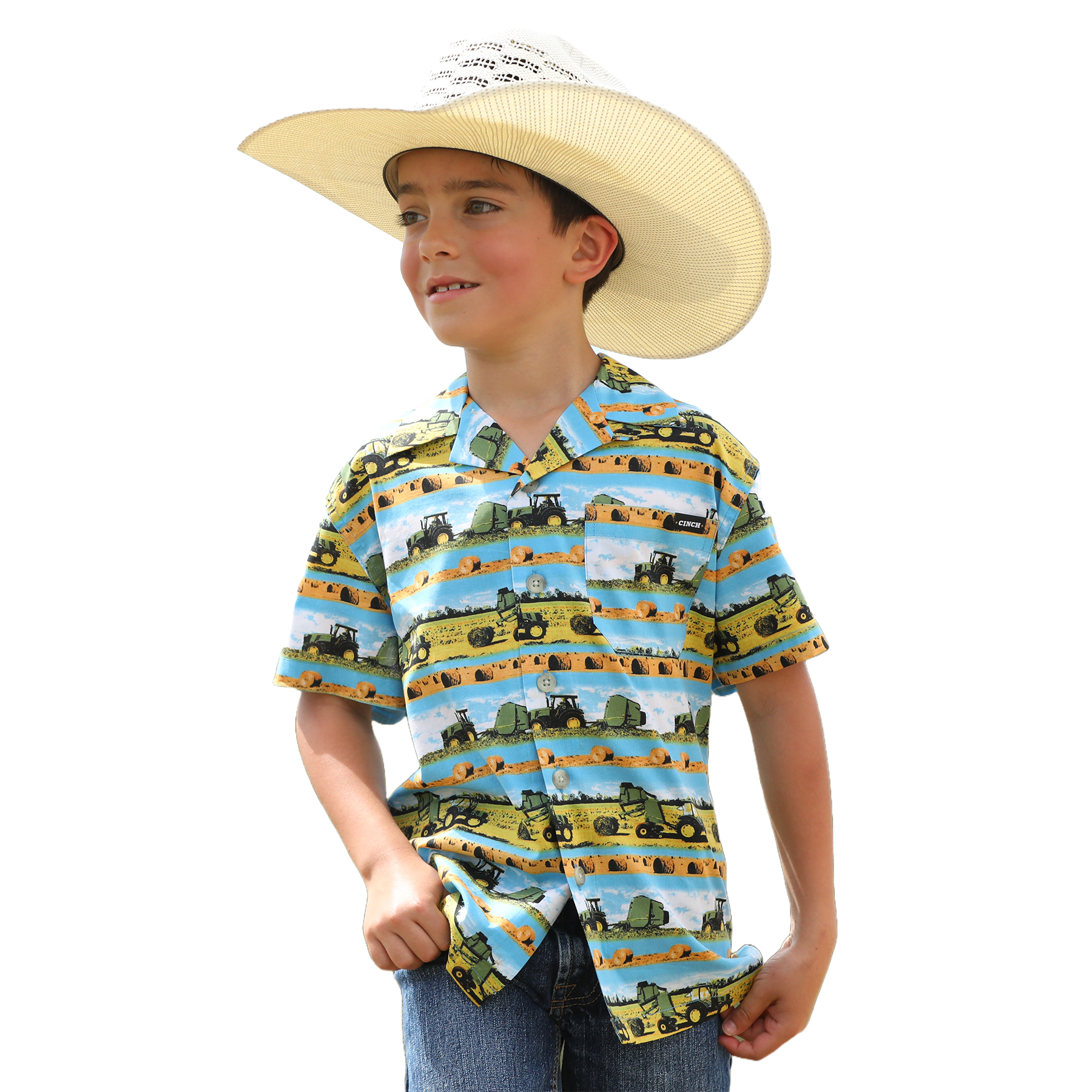 Cinch Youth Boy's Farmer Graphic Blue Button Down Shirt MTW7170002 - Picture 2 of 7