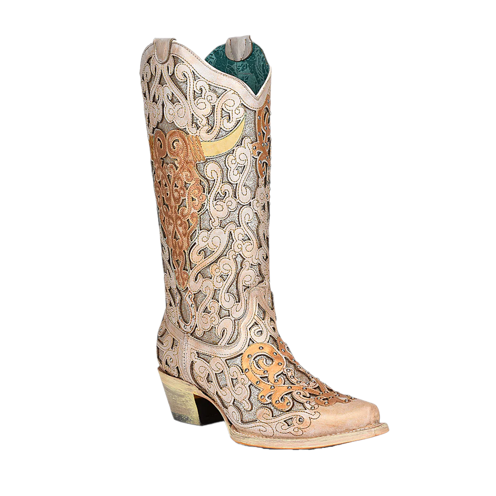 Pre-owned Corral ® Ladies White Glitter Inlay & Bull Skull Embroidery Boots A4408