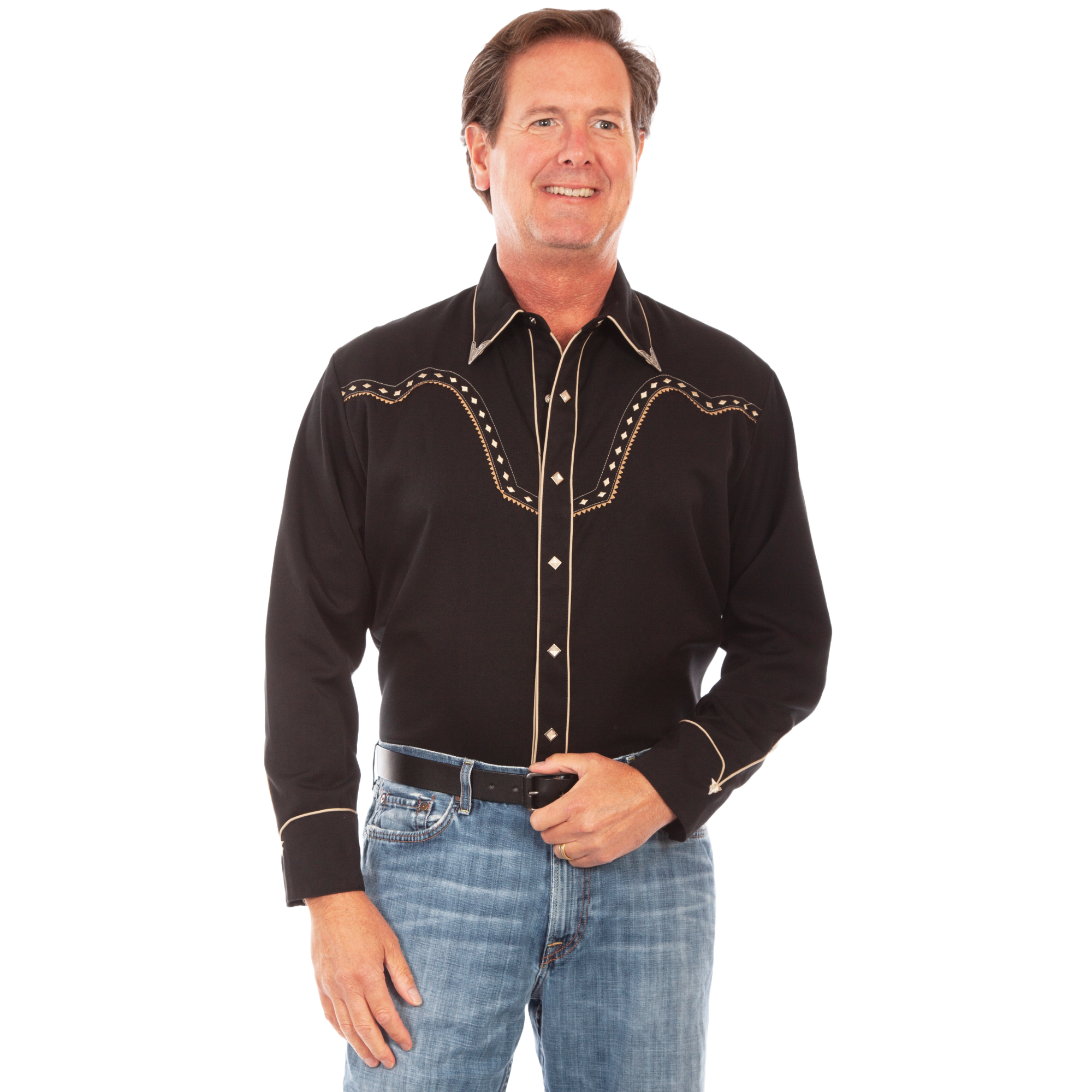 Scully Men’s Studded Western Embroidered Black Snap Shirt P-898