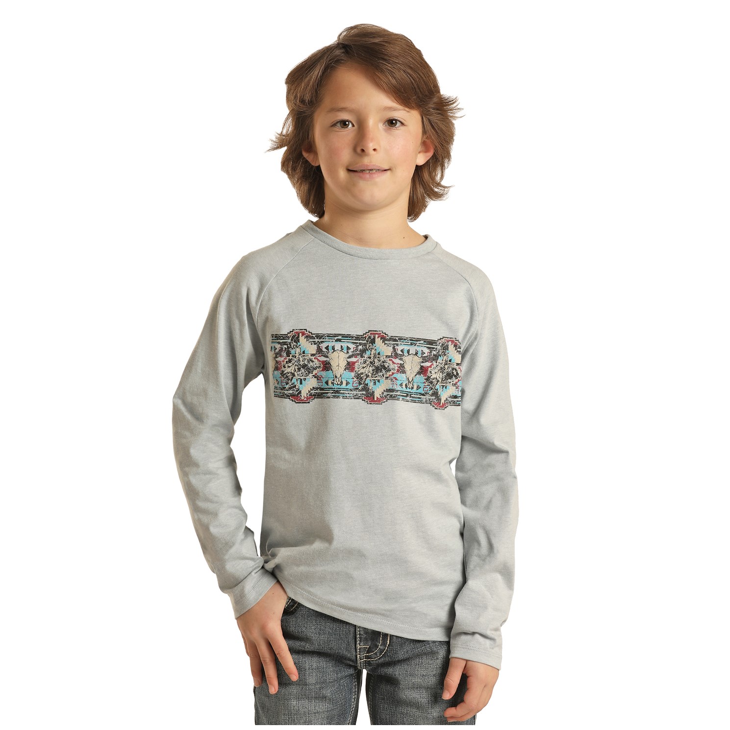 Rock & Roll Denim Boy's Aztec Graphic Grey Long Sleeve T-Shirt P4T2612 - Picture 2 of 6