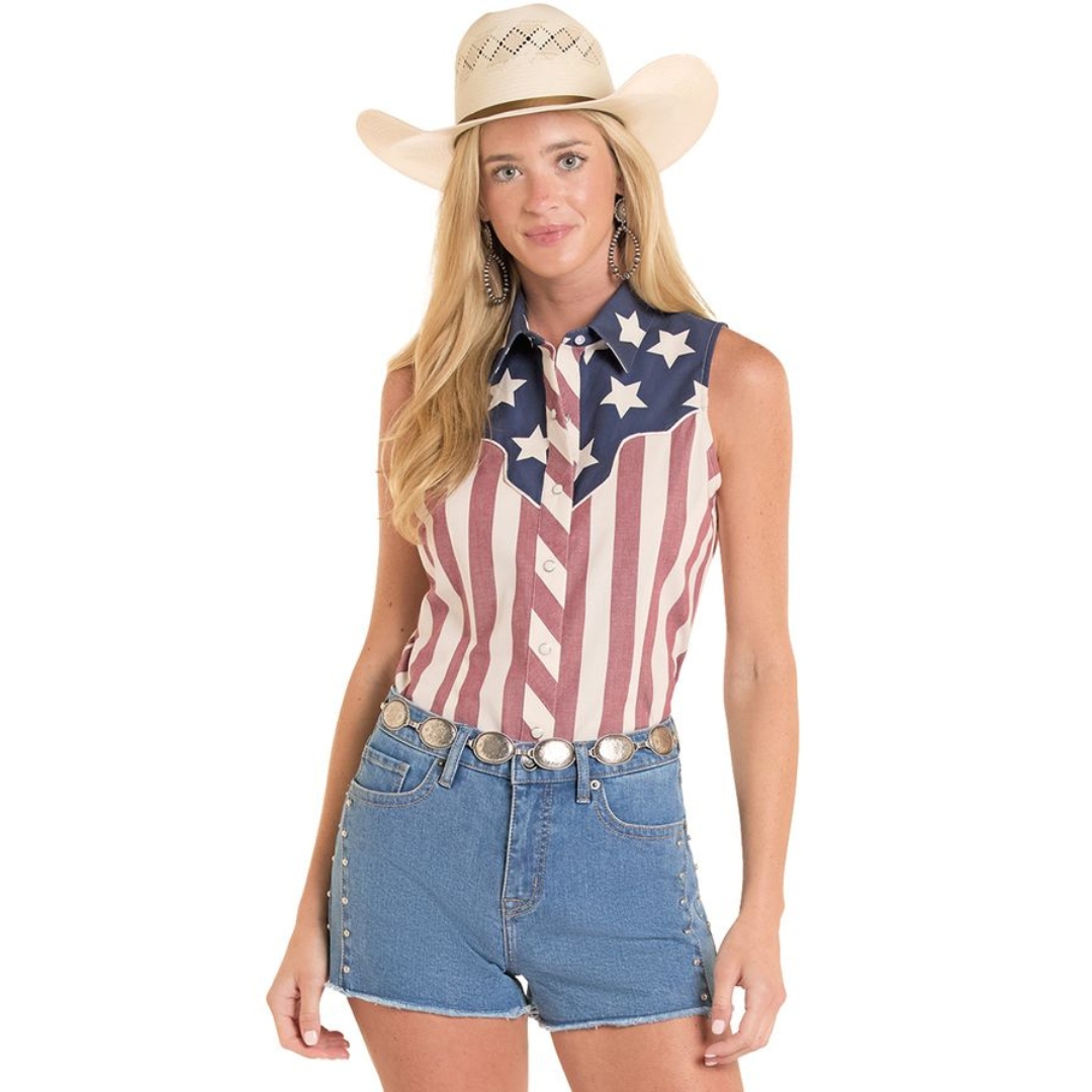 Rock & Roll Denim Ladies Americano Print Sleeveless Snap Shirt BWN0S08656