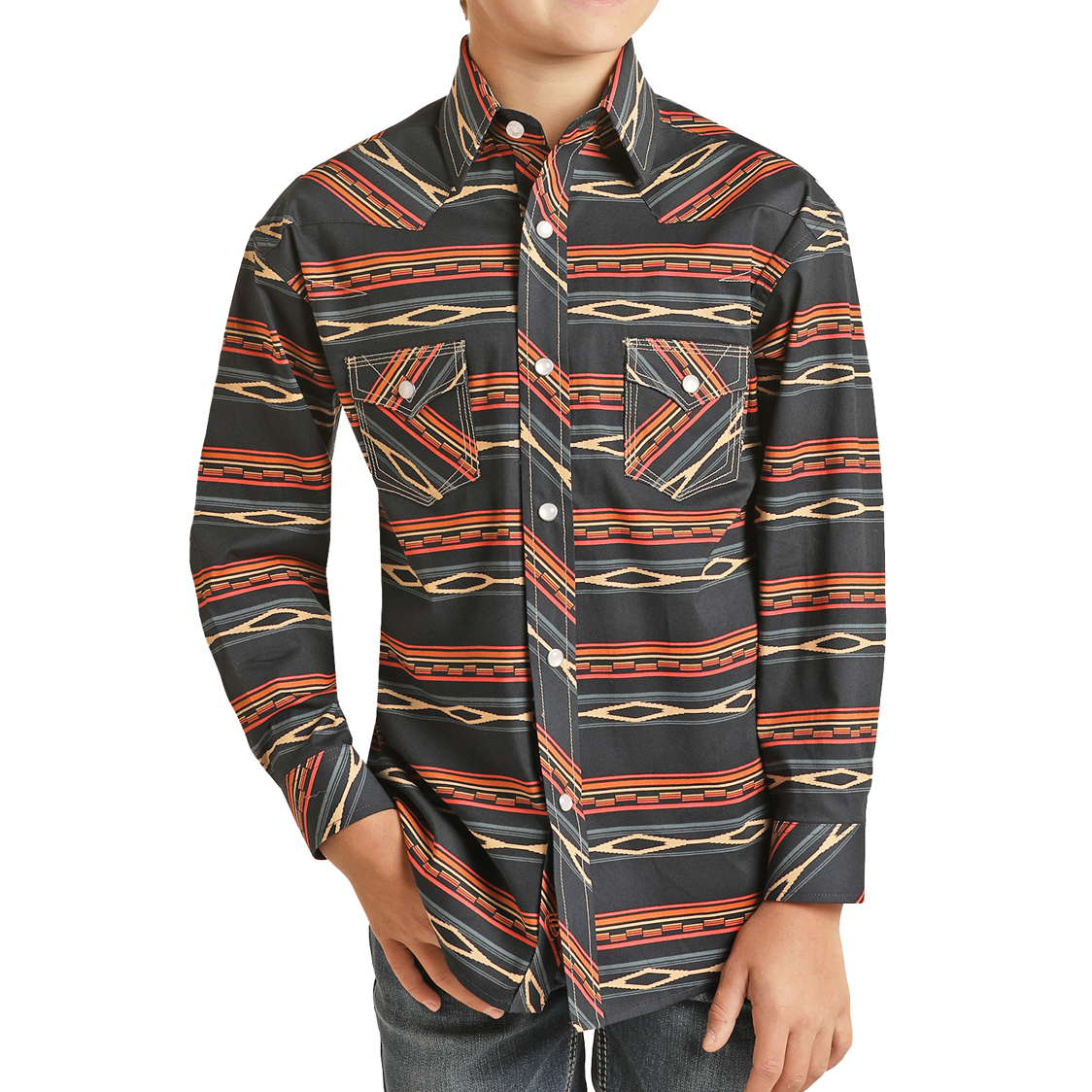 Rock & Roll Cowboy® Youth Boy's Navy Aztec Snap Up Shirt RRBSOSR08U - Picture 3 of 12