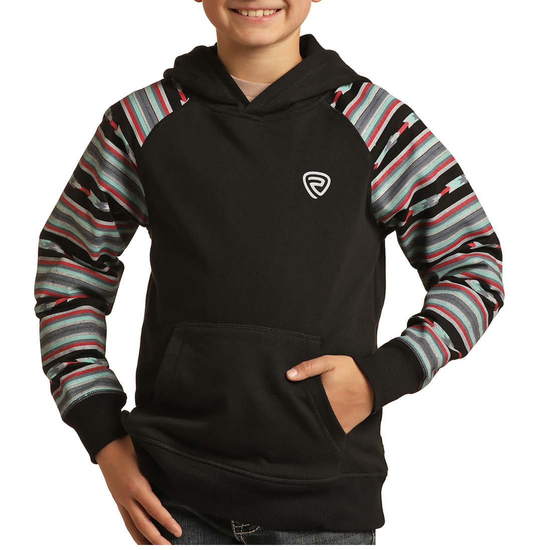 Rock & Roll Cowboy® Youth Boy's Black Serape Sleeve Hoodie RRBT94R0JB - Picture 3 of 14