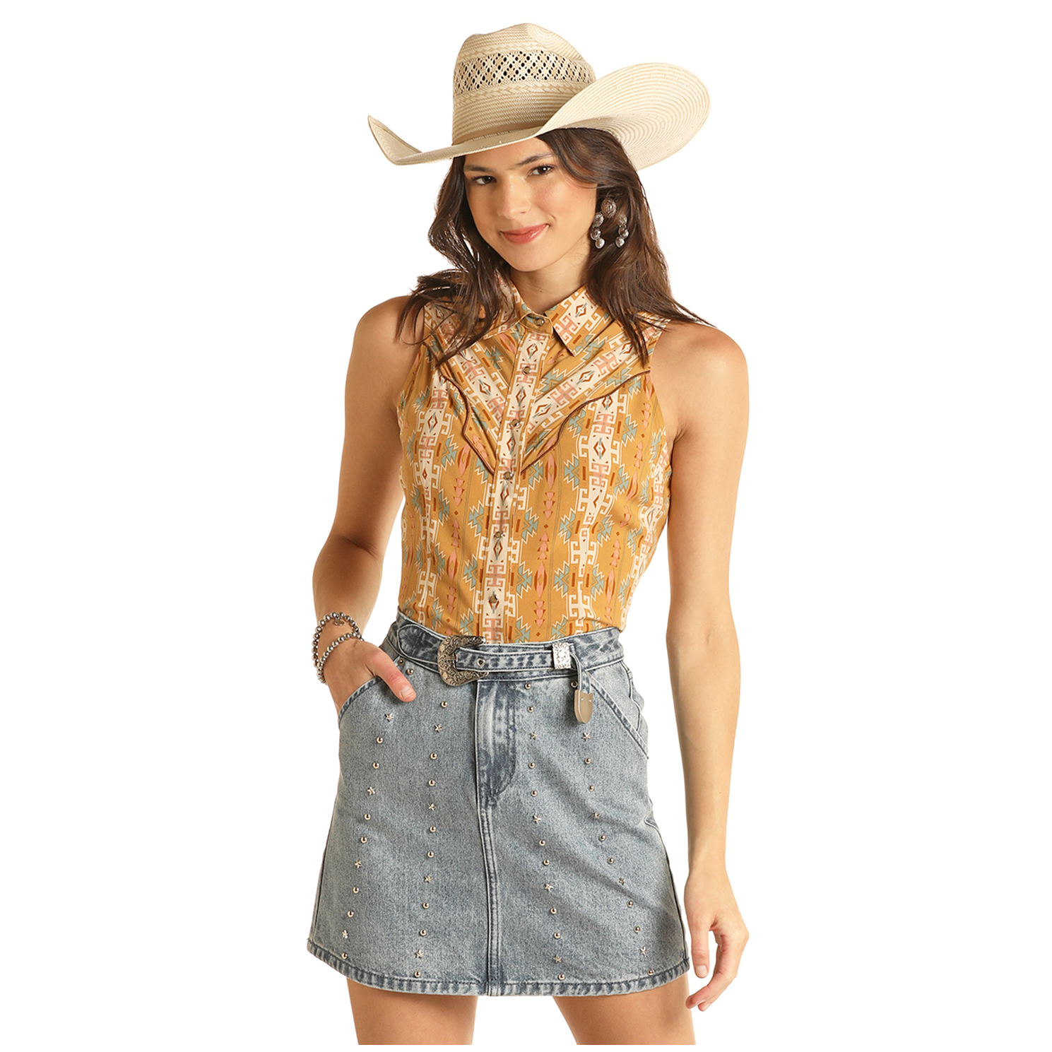 Rock Roll Cowgirl® Ladies Camel Aztec Print Snap Shirt