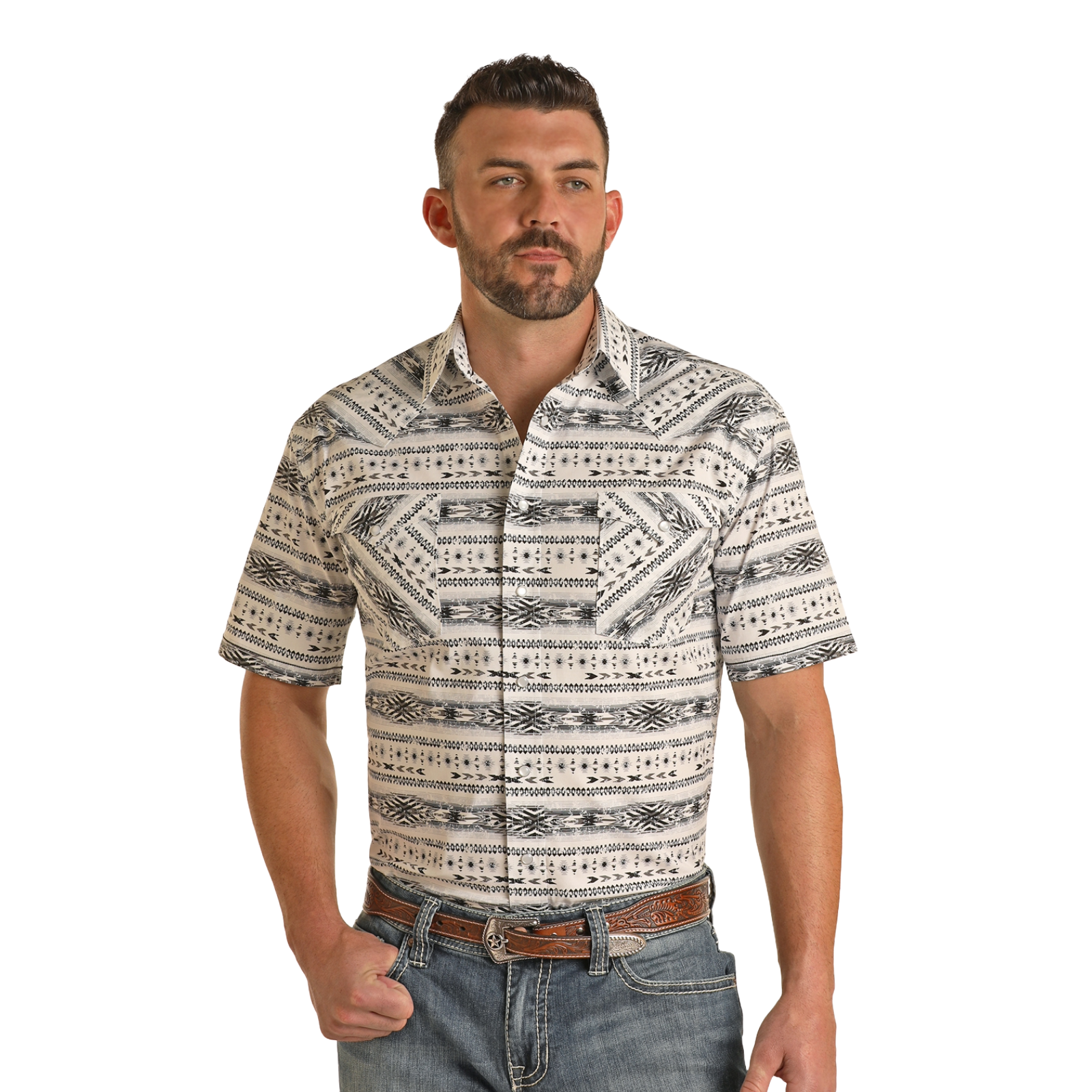 Panhandle Men&rsquo;s Southwest Aztec Stripe Black & White Snap Shirt RMN3S03846