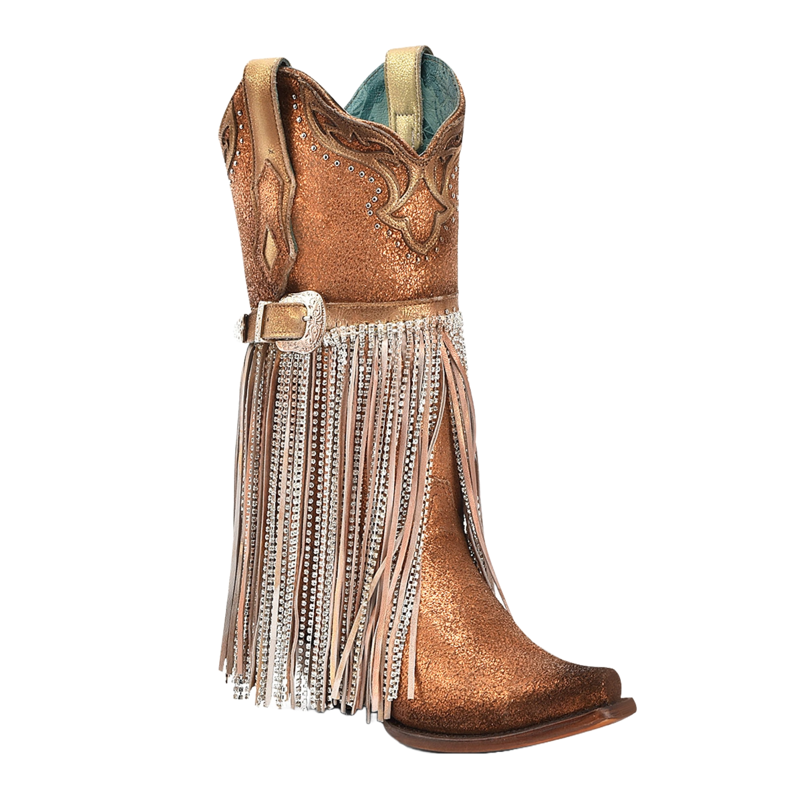 CORRAL BOOTS CORRAL LADIES OVERLAY BRONZE METALLIC HARNESS FRINGE LEATHER BOOTS A4537