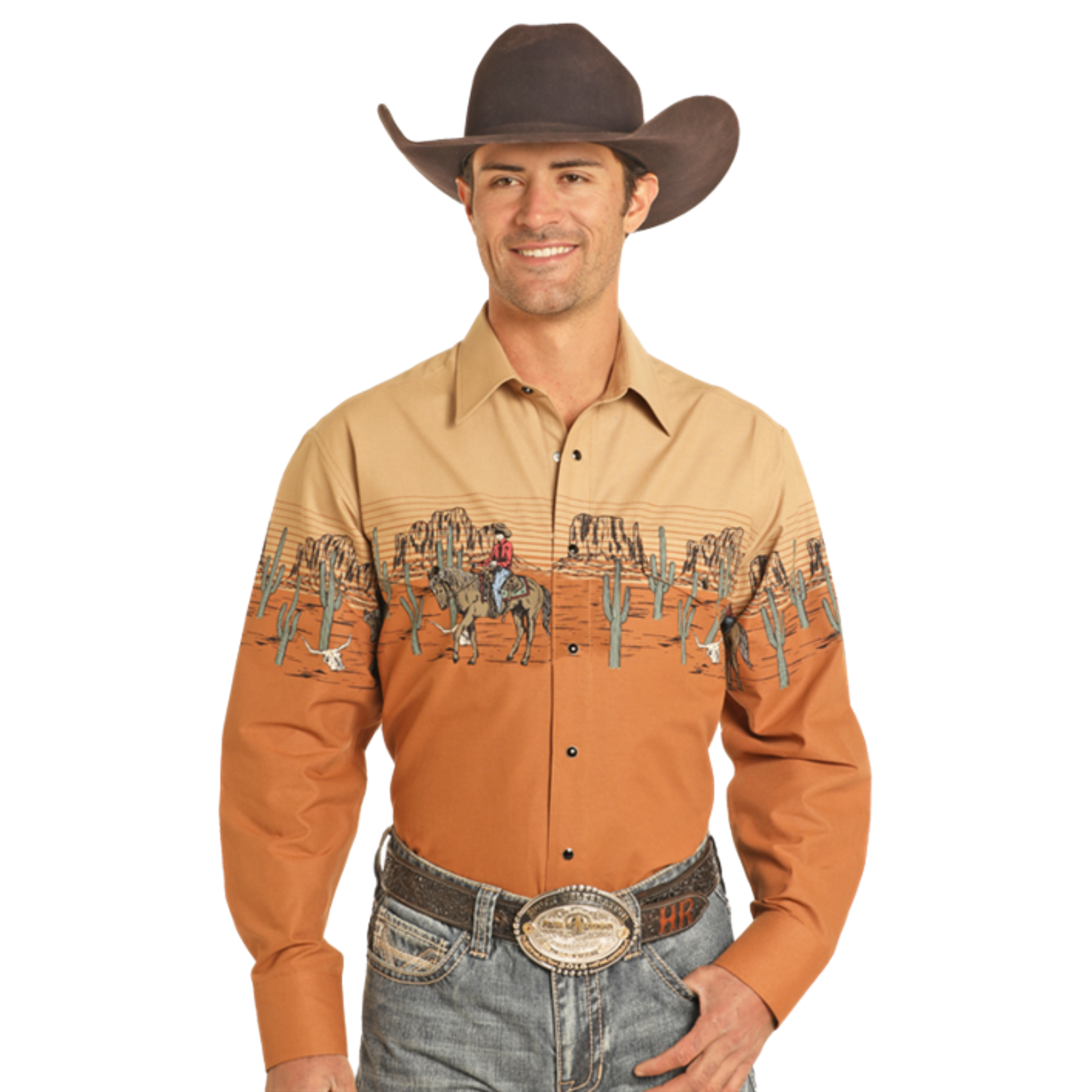 Panhandle Men's Horse & Rider Border Camel Snap Shirt SMN2S04460 - Picture 2 of 6
