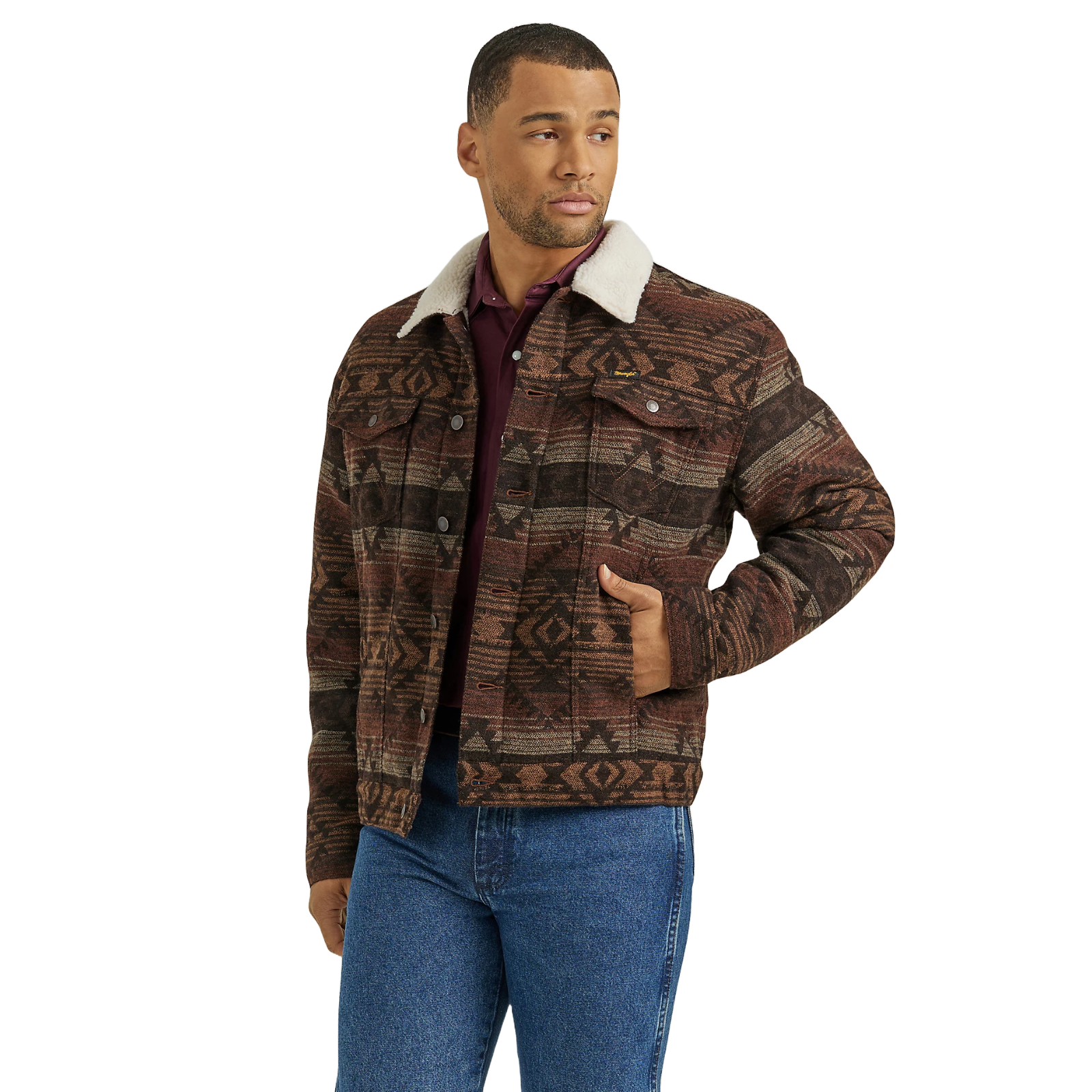 Wrangler Men's Jacquard Geometric Graphic Sherpa Brown Jacket 112352966 - Picture 3 of 12