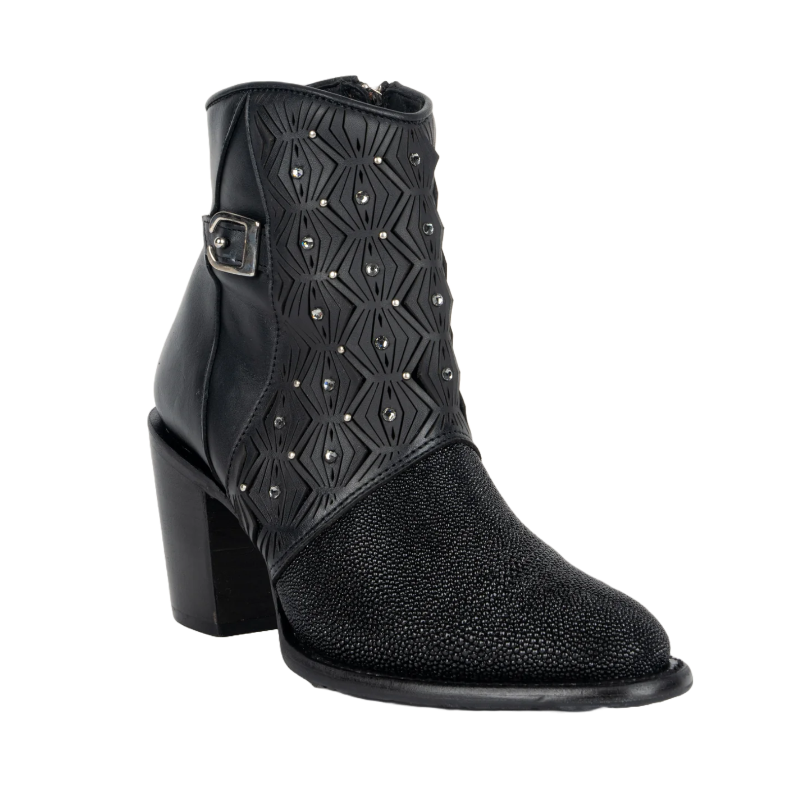 Pre-owned Cuadra Ladies Stingray Laser & Studs Black Snip Toe Booties Cu876