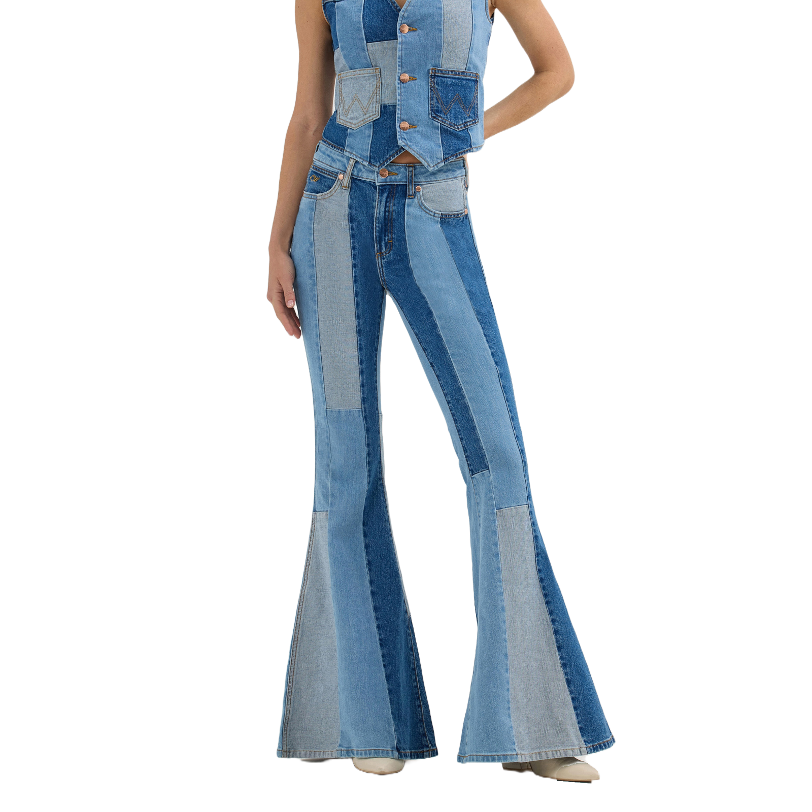Wrangler Ladies Lainey Wilson Patchwork Blue Bell Bottom Jeans 112360688 - Picture 4 of 68