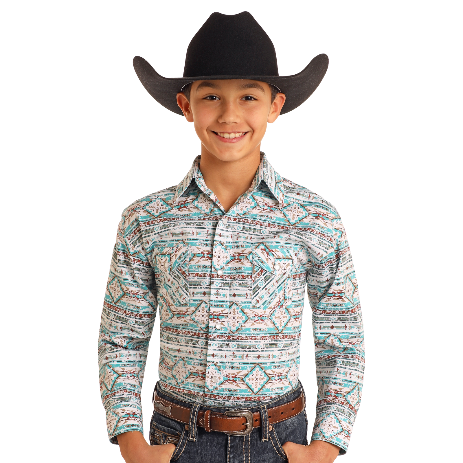 Rough Stock Boy's Southwestern Distressed Turquoise Button Down Shirt RBN2S05121 - Picture 2 of 7