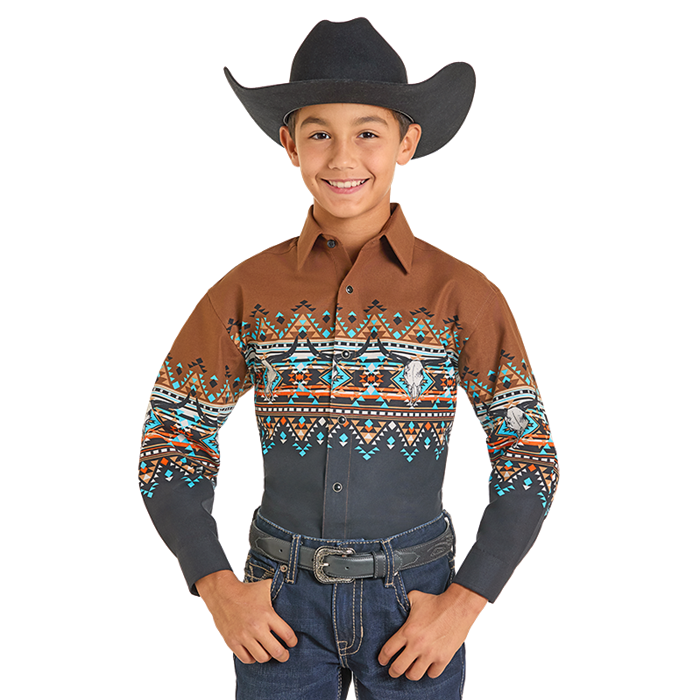Panhandle Youth Boy’s Aztec Border Black & Rust Button Down Shirt SBN2S07387