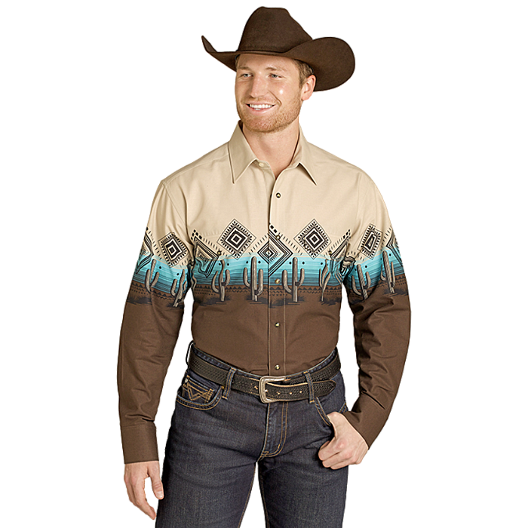 Panhandle Men&rsquo;s Aztec Cactus Dark Brown Snap Shirt SMN2S07680