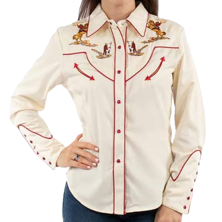 Scully Ladies Cattle Roper Embroidery Cream Western Snap Shirt PL-914 - Picture 4 of 14