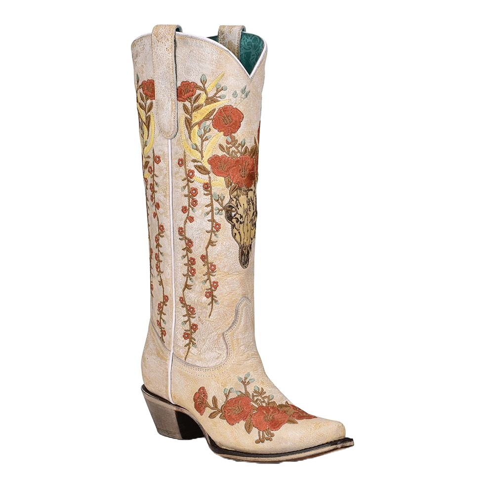 Pre-owned Corral Boots Corral Ladies White Floral & Deer Embroidery Snip Toe Boots A4186