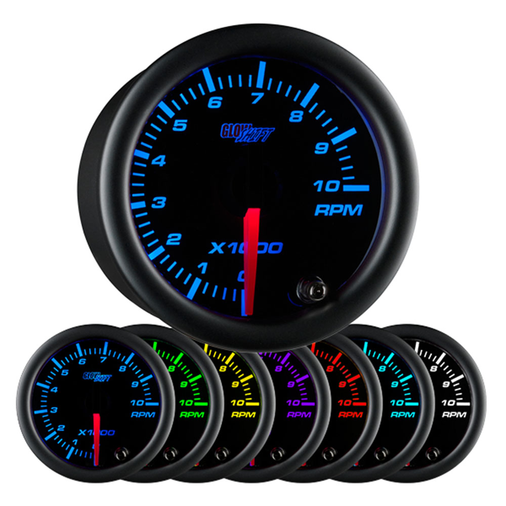 GlowShift White 7 Color Series 2-1/16" Tachometer – 0-10k RPM Gauge With Multi-Color Backlight