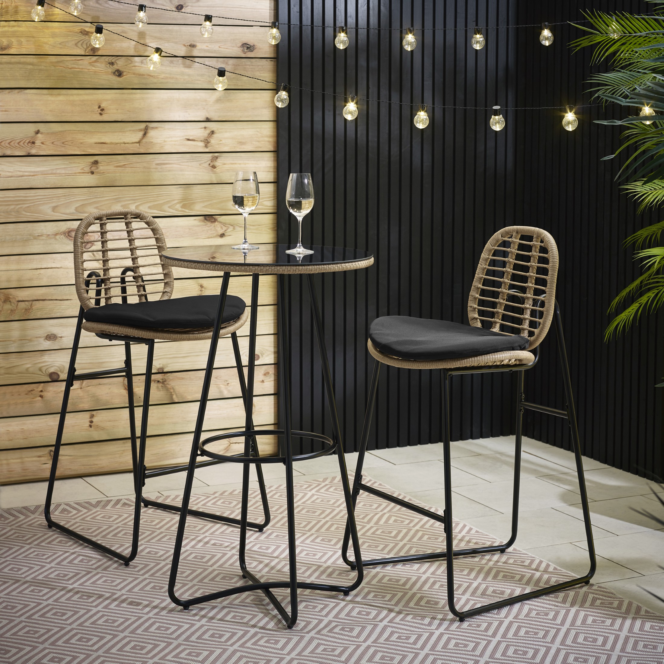 Belize Light Brown Rattan Outdoor Bar Set & Black/Cream Cushions Boho Scandi - Picture 9 of 13
