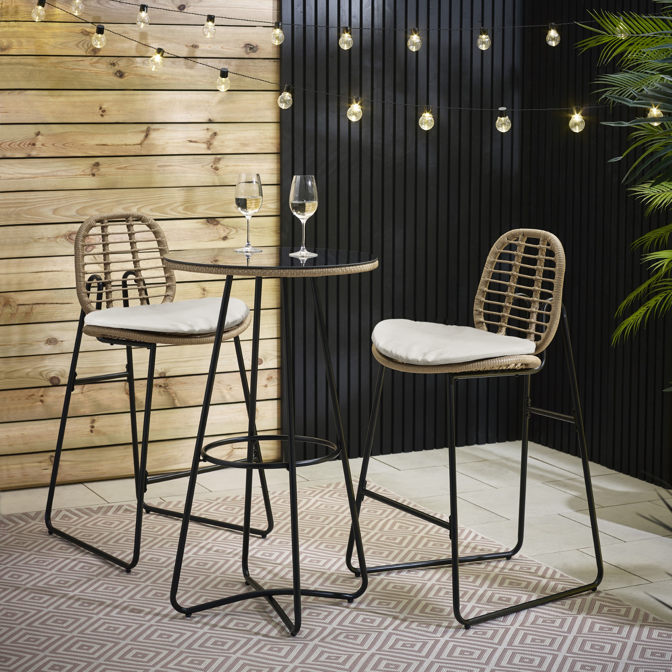 Belize Light Brown Rattan Outdoor Bar Set & Black/Cream Cushions Boho Scandi