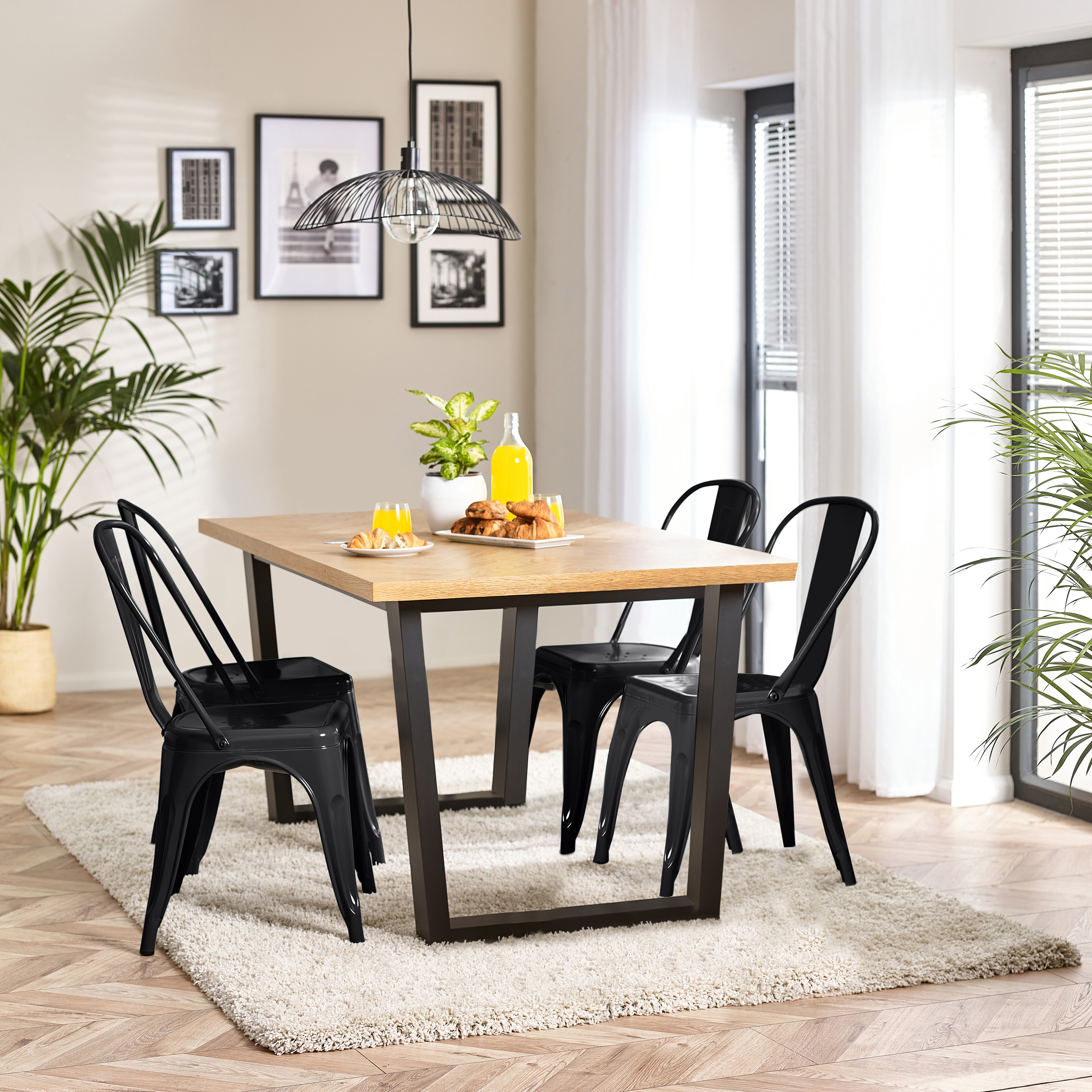 Cotswold Oak Wood Top Black Leg Dining Table & 4 Colton Metal Chairs - Picture 25 of 72