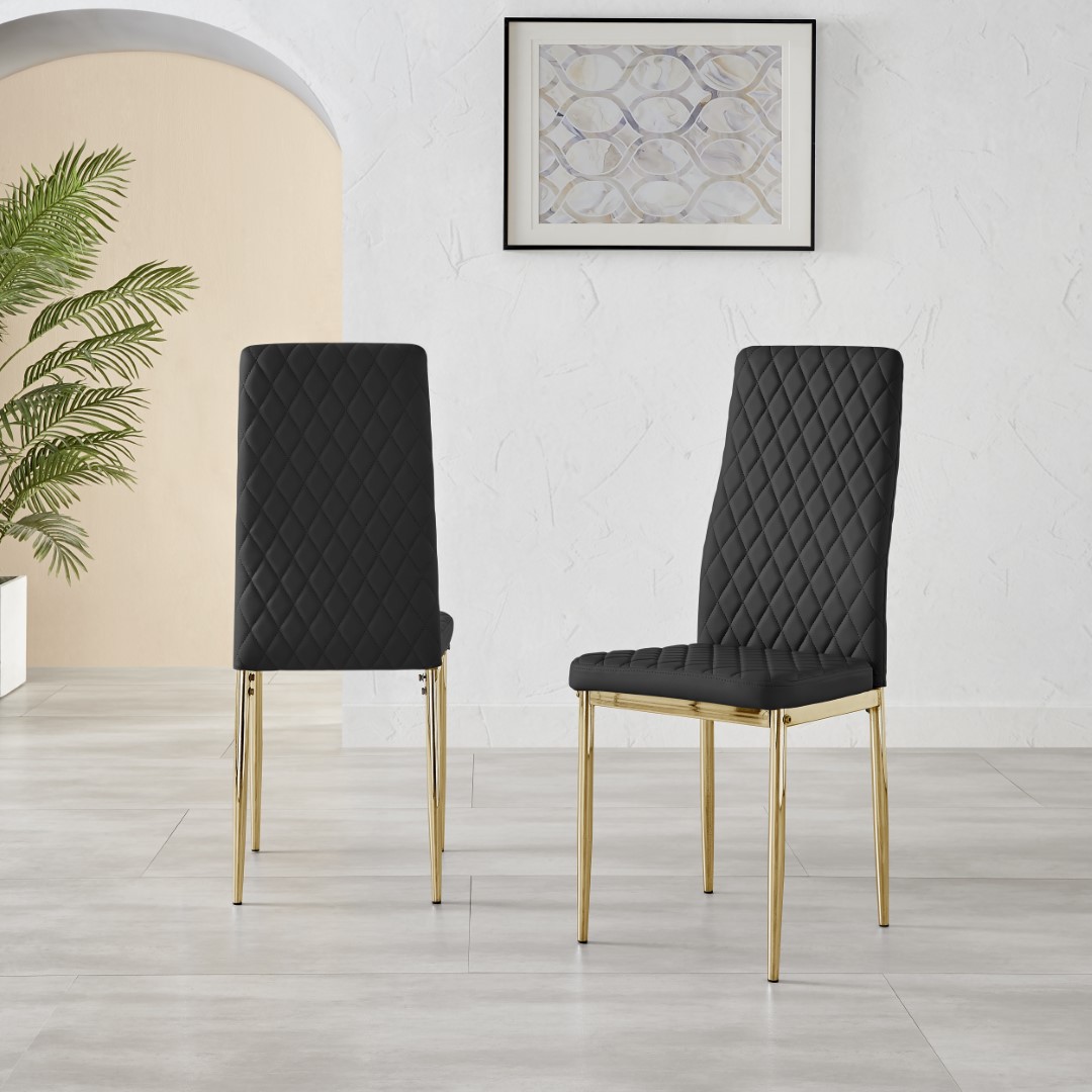 MILAN 4 / 6 Gold Leg Hatched Grey White Black Beige Faux Leather Dining Chairs - Picture 7 of 33