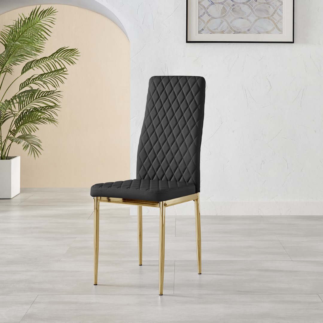 MILAN 4 / 6 Gold Leg Hatched Grey White Black Beige Faux Leather Dining Chairs - Picture 8 of 33