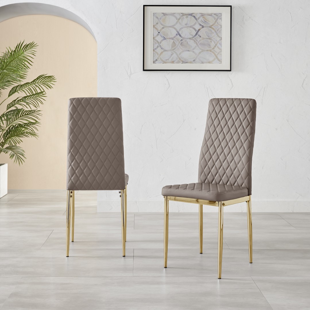 MILAN 4 / 6 Gold Leg Hatched Grey White Black Beige Faux Leather Dining Chairs - Picture 14 of 33