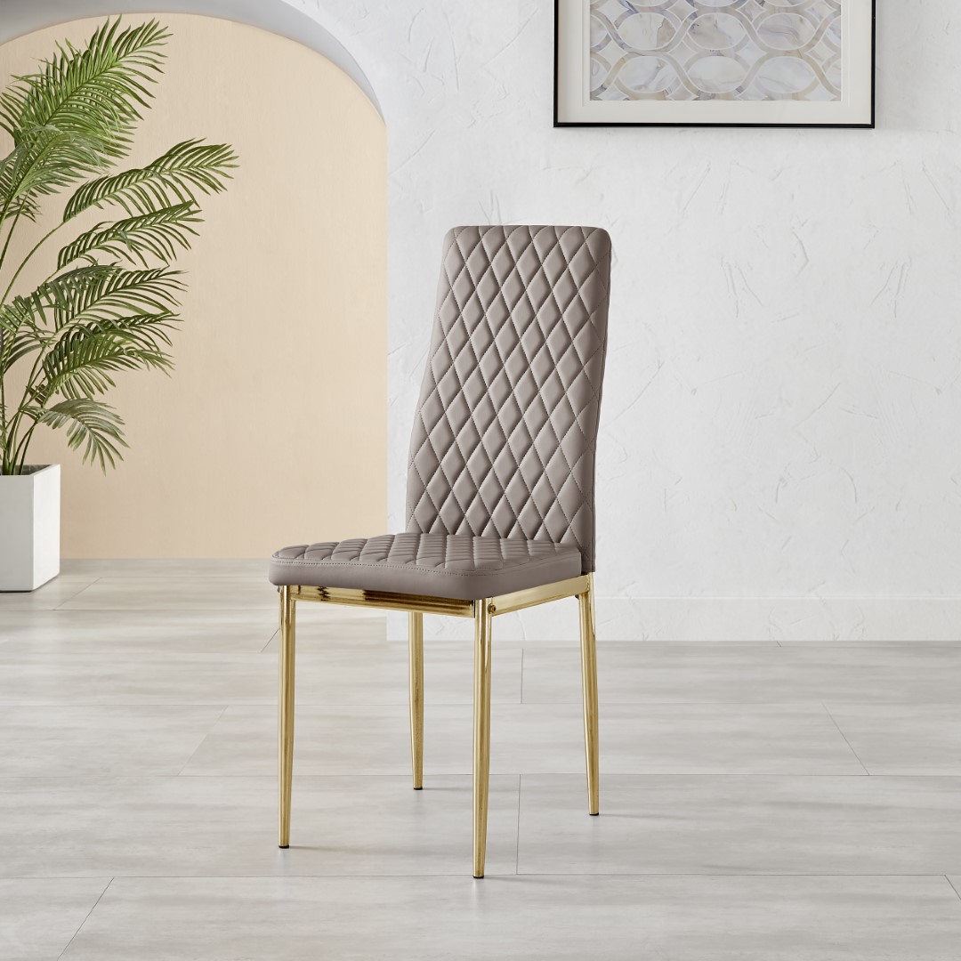 MILAN 4 / 6 Gold Leg Hatched Grey White Black Beige Faux Leather Dining Chairs - Picture 15 of 33