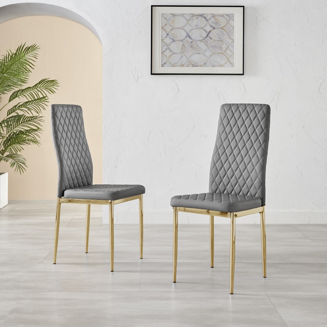 MILAN 4 / 6 Gold Leg Hatched Grey White Black Beige Faux Leather Dining Chairs - Picture 20 of 33