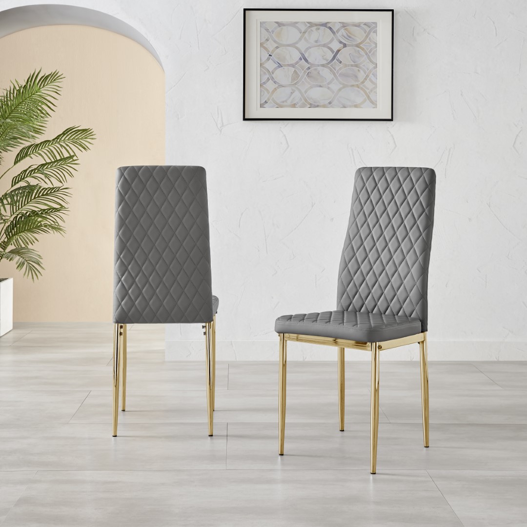MILAN 4 / 6 Gold Leg Hatched Grey White Black Beige Faux Leather Dining Chairs - Picture 21 of 33