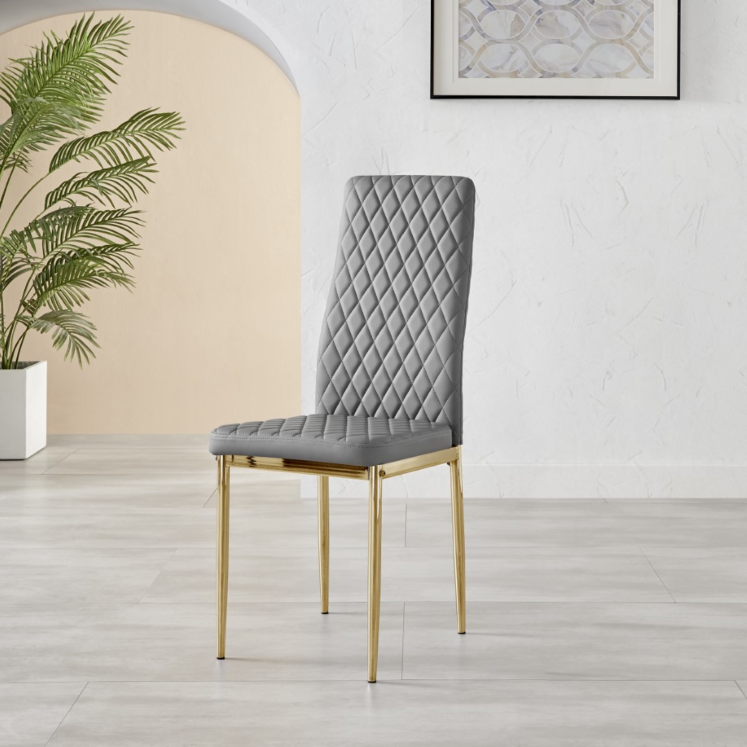 MILAN 4 / 6 Gold Leg Hatched Grey White Black Beige Faux Leather Dining Chairs - Picture 23 of 33