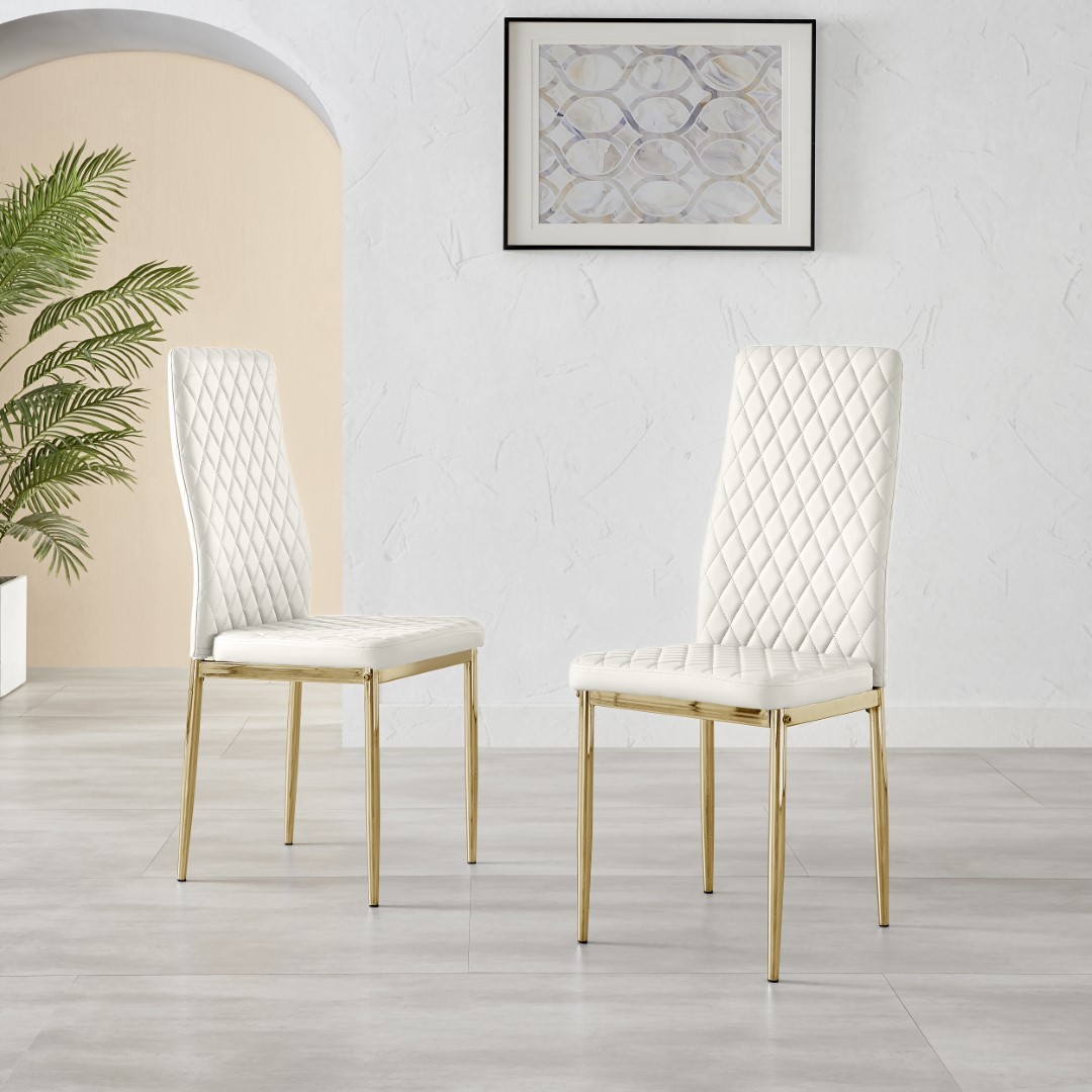 MILAN 4 / 6 Gold Leg Hatched Grey White Black Beige Faux Leather Dining Chairs - Picture 27 of 33