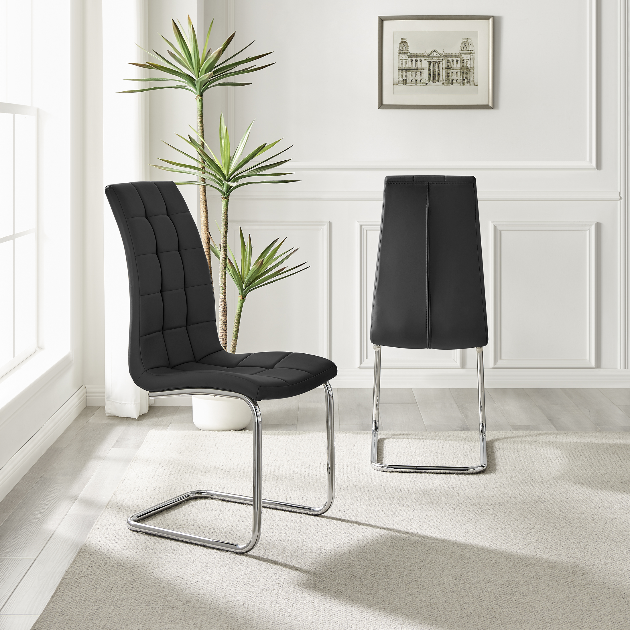 MURANO x2 Faux Leather Deep Foam Padded Silver Chrome Kichen Dining Chairs - Picture 6 of 32